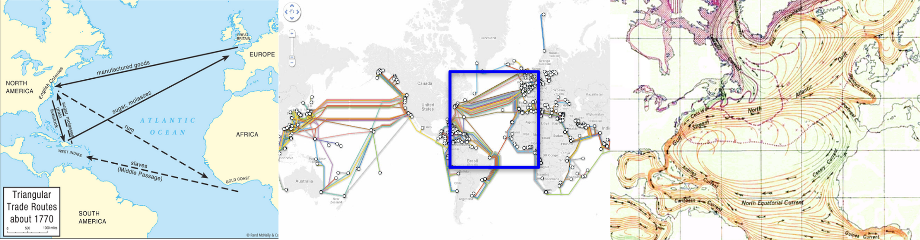 three images of the triangle trade routes of the 1770s, the transatlantic undersea cables, and the north atlantic gyre